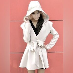 Cream Fit and Flare Hooded Coat, Size Small